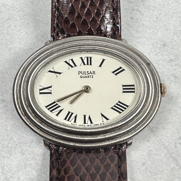 Vintage Pulsar Quartz Watch Oval Roman Dial Brown Leather Japan New Battery - Picture 1 of 13